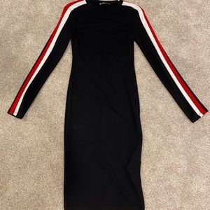 Zara Black Midi Long Sleeve Dress with White and Red Stripes